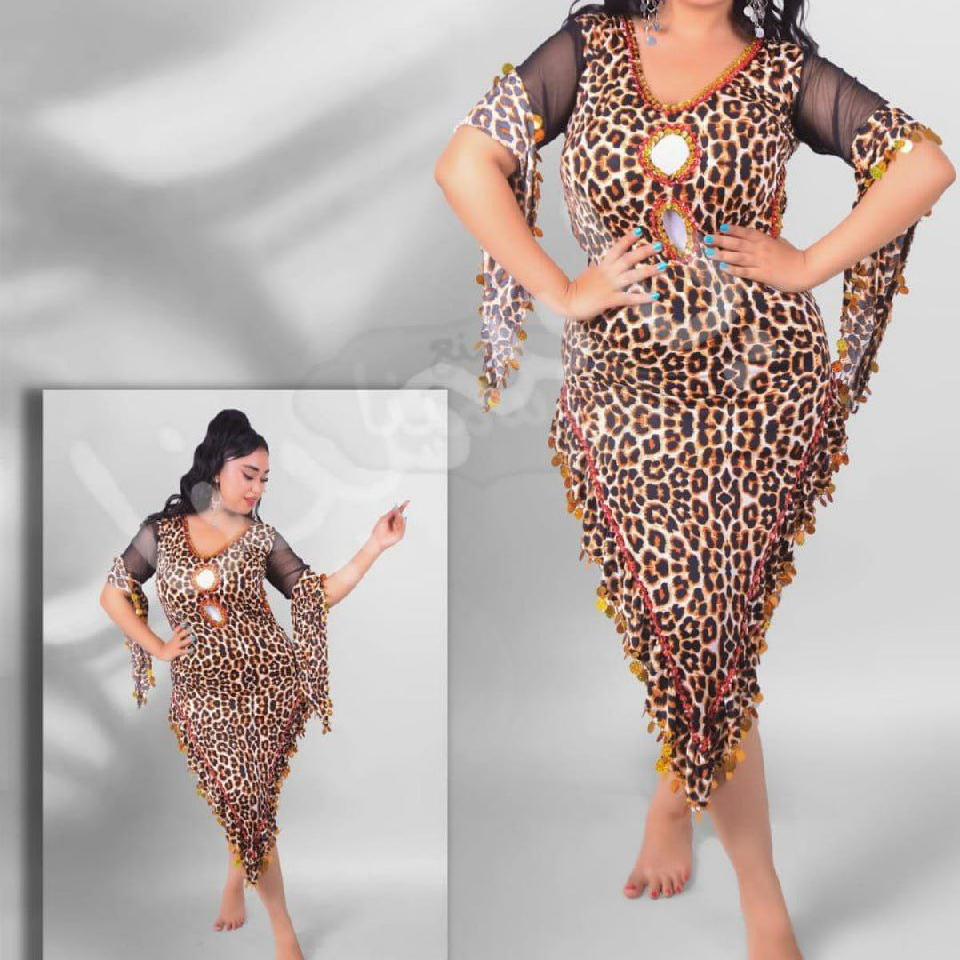 بدلة رقص بطبعة النمر مع شراشيب لامعة